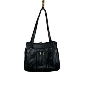 70s Vintage Lou Taylor Black Itialian Leather Handbag with Swivle Gold Mirror